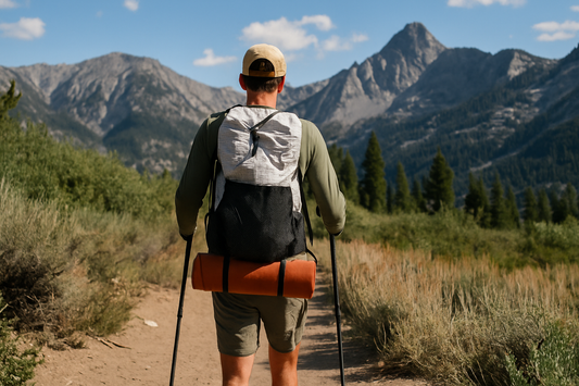 Hiker with accessories embarking on a trail