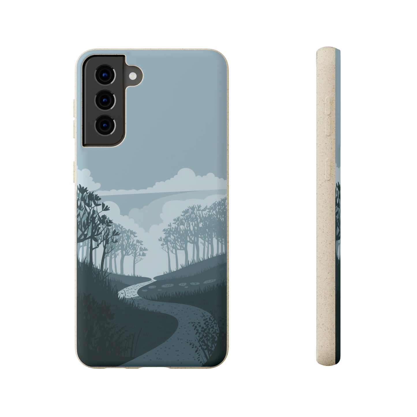 The Wanderlust Biodegradable Phone Case by Printify features a minimalist nature-inspired design with a winding path through trees and clouds, shown from the back and side on a neutral background.