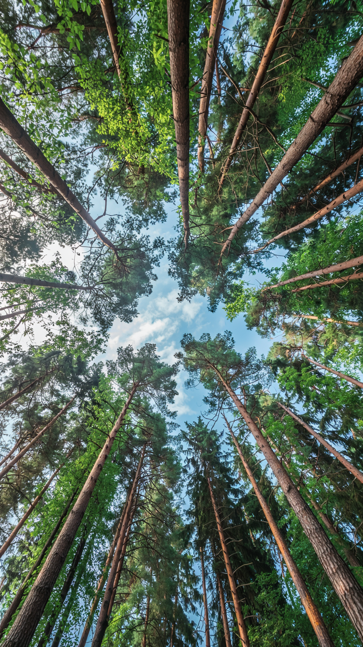 Tall trees viewed from below, their green leaves and branches forming a circular frame around a patch of blue sky with light clouds at the center. Sunlight filters through the foliage, creating a vibrant, natural scene.