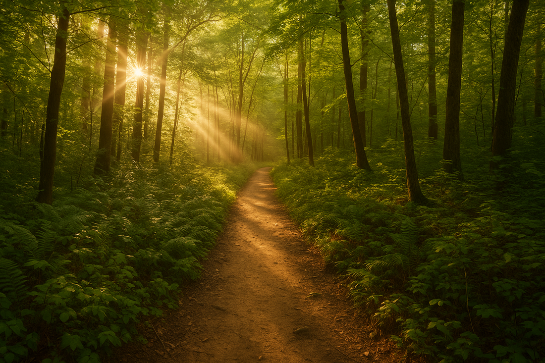 Trail in a forest with the sun shining through